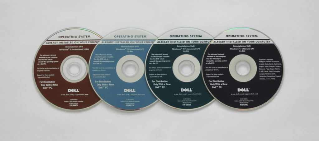 a row of Windows 7 DVDs