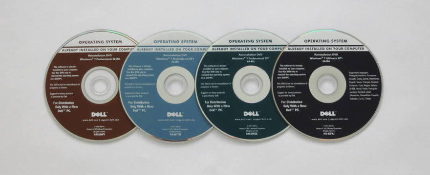 a row of Windows 7 DVDs